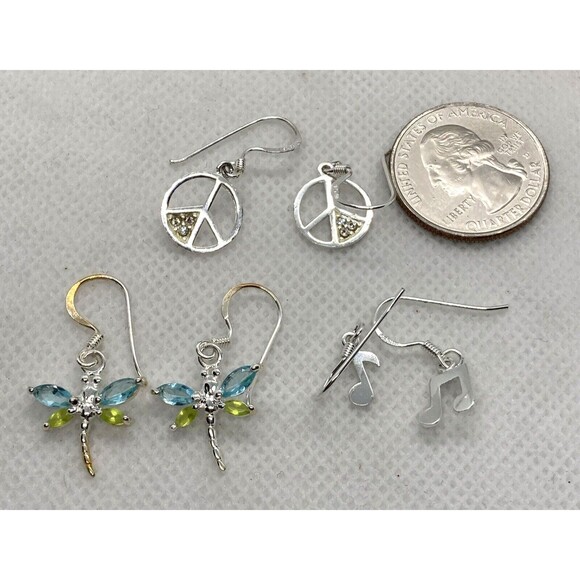 Lot of 3 Pairs Silver Tone Dangle Drop Pierced Earrings Dragonfly‎ Music Peace - Picture 2 of 11